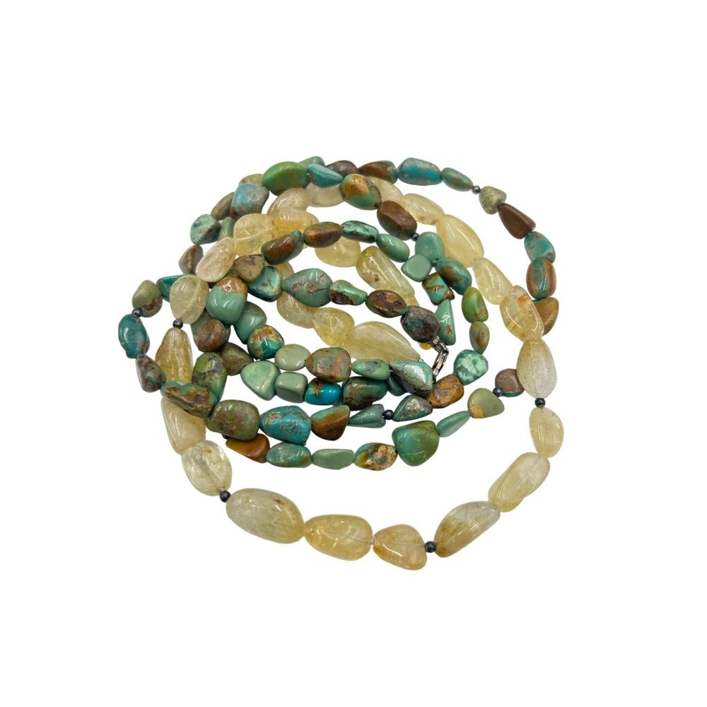 Vintage Green Turquoise & Rutilated Quartz Necklace Triple Strand Sterling Clasp